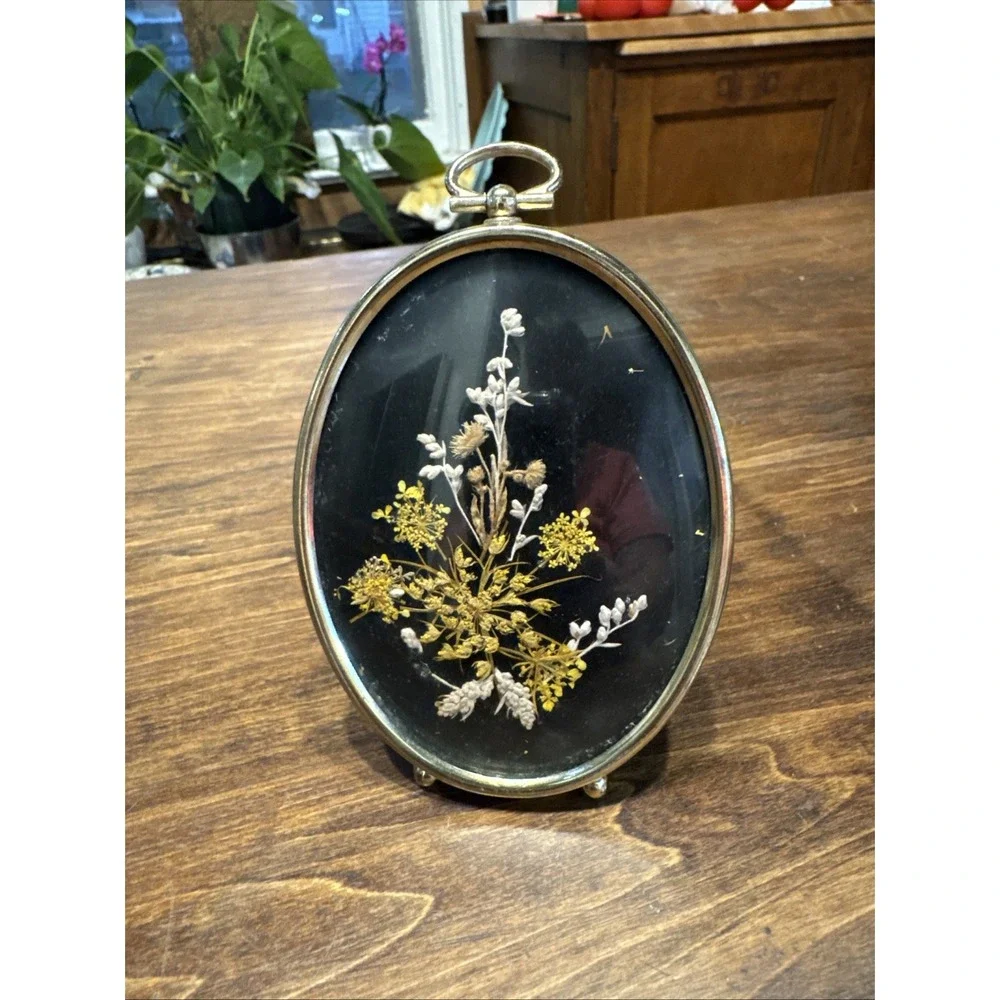 Vintage Gold Tone Small Oval Frame White Pressed Flower Art By Harriet Webber